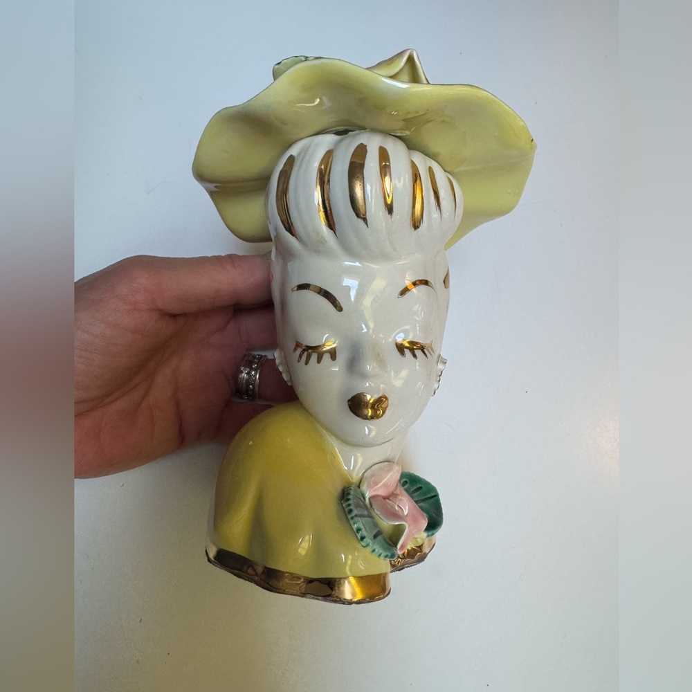 Vintage 1950s Hand Painted Yellow Ceramic Head vase~Forget-me-nots & Roses